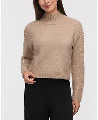 Ellen Tracy Women's Pearl Embellished Drop Shoulder Sweater