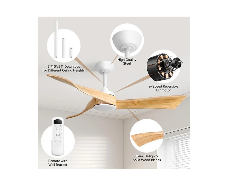52-inch Modern White 3 Solid Wood Blade Ceiling Fan with Six Speed Remote Control and Forward Reverse Function for Bedrooms Living Rooms and Kitchens