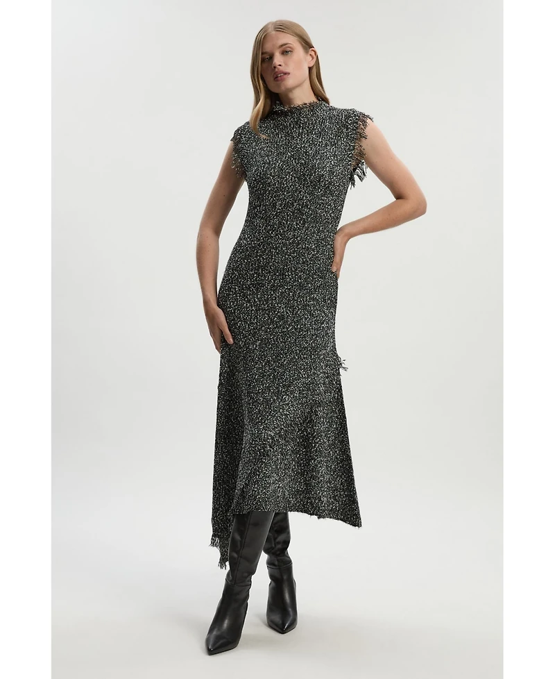 Karen Millen Women's Tweed Yarn Fringe Trim Knitted Dress