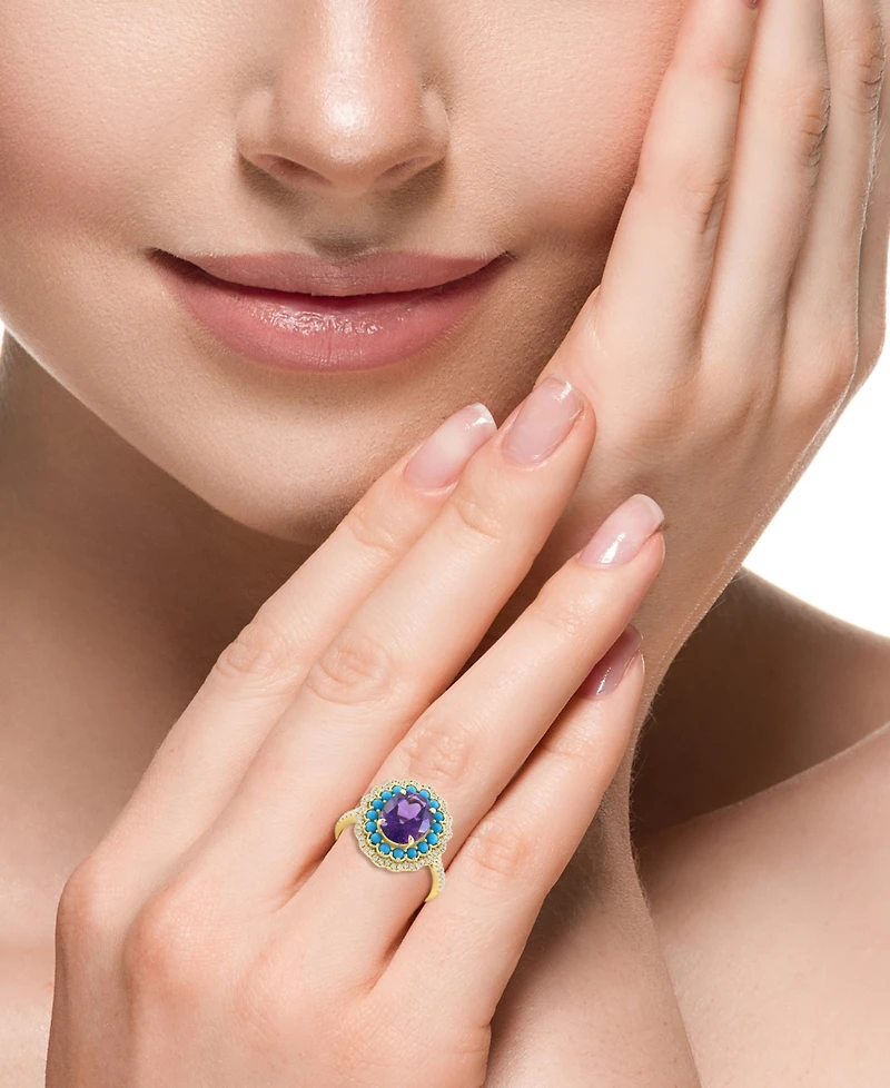 Effy Collection Diamond (1/3 ct. t.w.), Amethyst (2-1/2 ct .t.w.), and Turquoise Ring in 14K Yellow Gold