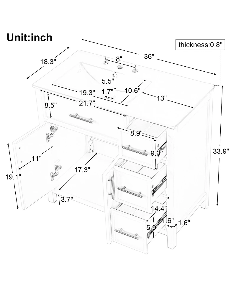 Casainc 36" Bathroom Vanity with Sink Top, Cabinet with Two Doors and Three Drawers, Solid Wood and Mdf Boards, One Package