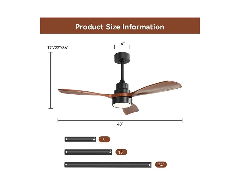 48-inch Modern Downrod Indoor Walnut Wood 3-Blade Led Ceiling Fan Light with Remote Control Support Six Speed Ajustable