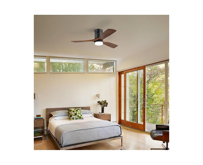52-inch Modern Black 3 Solid Wood Blades Flush Mount Tri color Adjustable Ceiling Fan Light with Remote Control