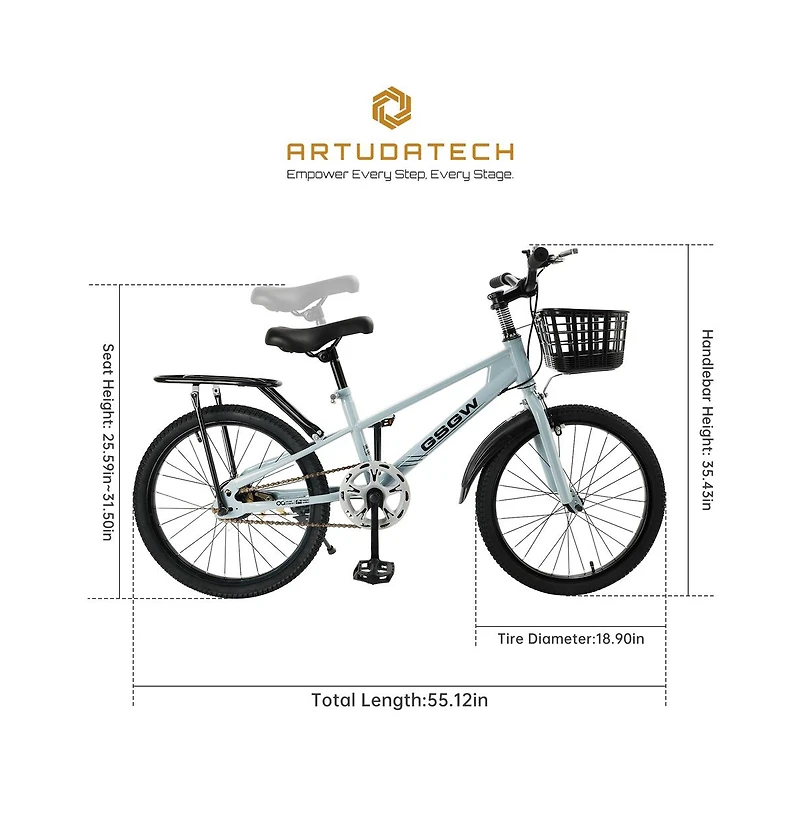 Artudatech 20 inches Teenager Children's Bicycle Kid's Bike Boys and Girls with Basket