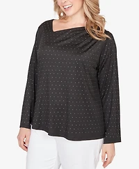 Hearts Of Palm Plus Long Sleeve Asymmetrical Neck Top with Rhinestones