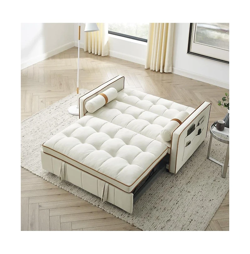 55.5" Pull-Out Sleeper Sofa Bed with Usb Ports & Adjustable Backrest, 2-Seater Convertible Couch Pillows for Small Spaces-Maison Boucle