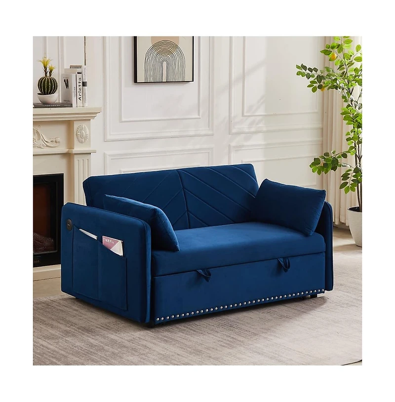 55'' Pull-Out Sleeper Sofa Bed with Usb Ports, Adjustable Backrest, Velvet 2-Seater Couch Side Pockets & Pillows-Maison Boucle