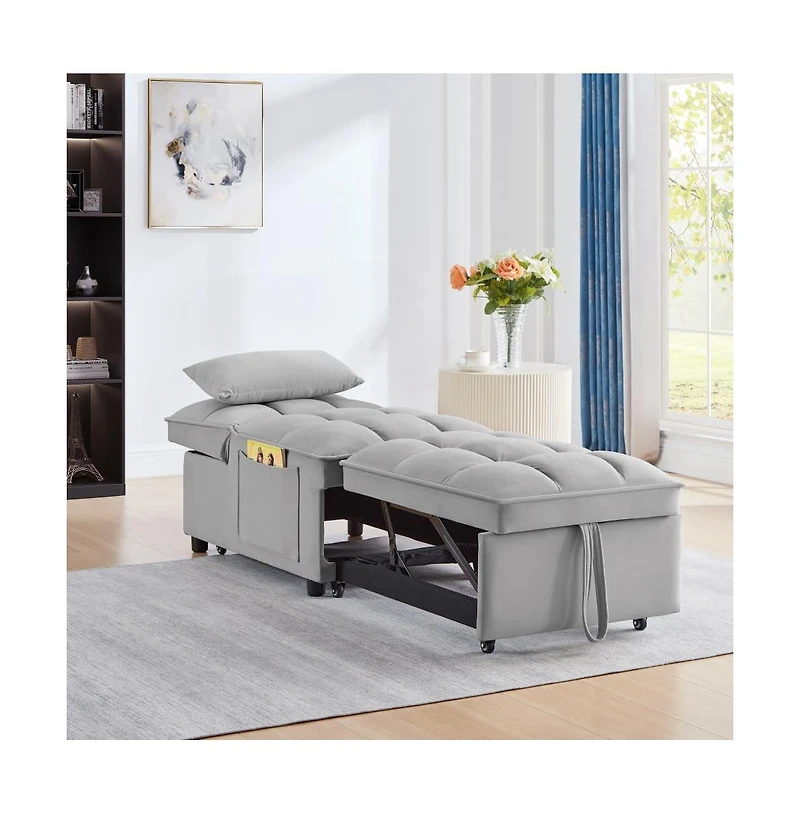 Maison Boucle 4-in-1 Single Velvet Pull-Out Sleeper Chair Bed with Adjustable Backrest, Side Pocket & Pillow for Small Spaces-Maison