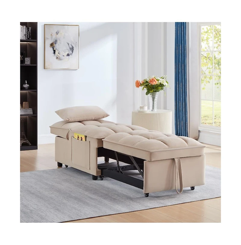 Maison Boucle 4-in-1 Single Velvet Pull-Out Sleeper Chair Bed with Adjustable Backrest, Side Pocket & Pillow for Small Spaces-Maison