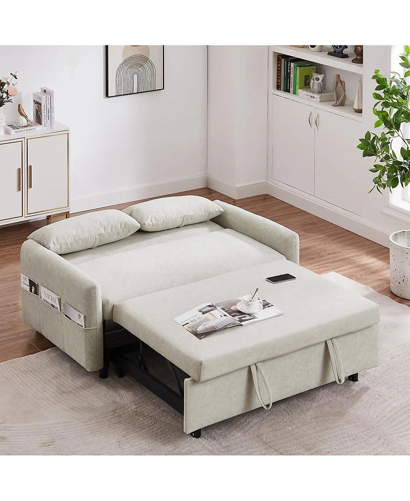 Maison Boucle 55" Convertible Sleeper Loveseat, Pull-Out Sofa Bed with Adjustable Back, Usb A/C Ports & Side Pockets for Small Living Spaces-Maison Bo
