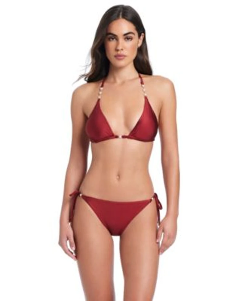 Red Carter Pearls Of Wisdom Classic Triangle Bikini Halter Bra Cheeky Coverage Tie Side Bottom