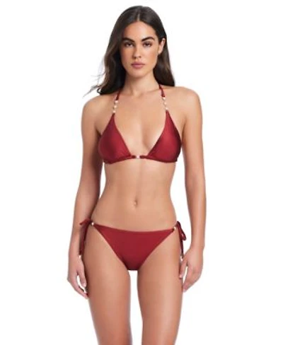 Red Carter Pearls Of Wisdom Classic Triangle Bikini Halter Bra Cheeky Coverage Tie Side Bottom