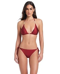 Red Carter Pearls Of Wisdom Classic Triangle Bikini Halter Bra Cheeky Coverage Tie Side Bottom
