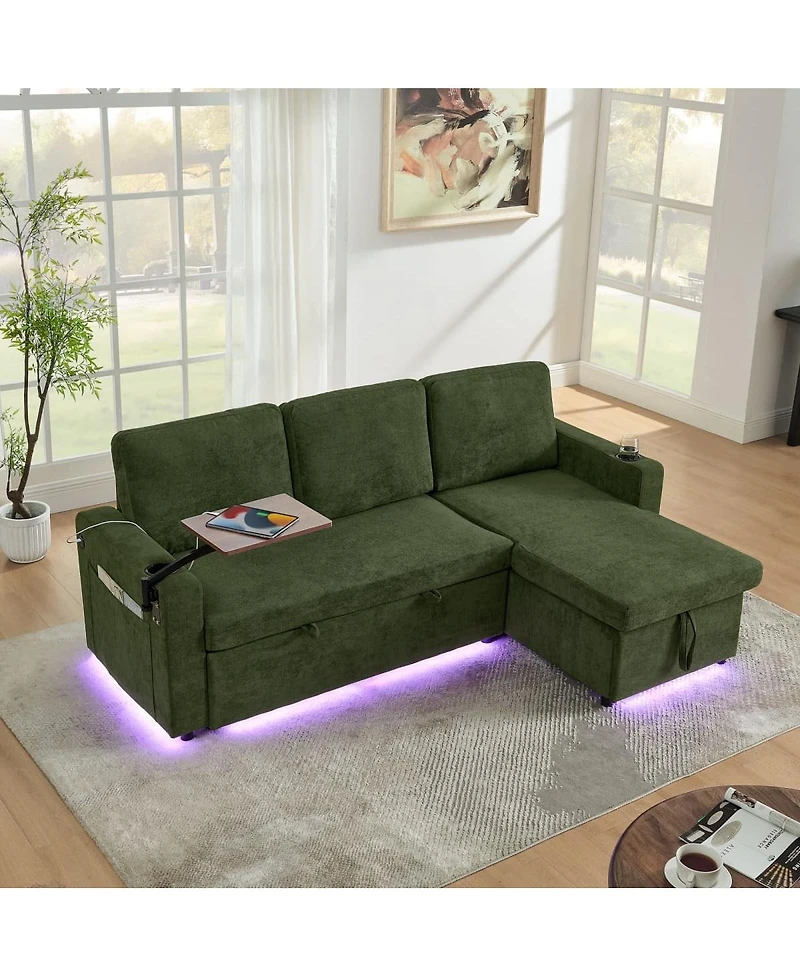 Maison Boucle Modern Chenille Upholstered Wood Pull-Out Sleeper with Led Lights, Usb Ports & Cup Holders Sofa Bed