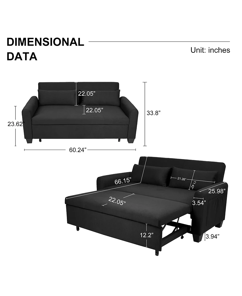 Maison Boucle 61-Inch Pull-Out Linen Sofa Bed with Extra-Wide Convertible Sleeper Loveseat, Storage Pocket & Wheels for Apartments and Guest Rooms