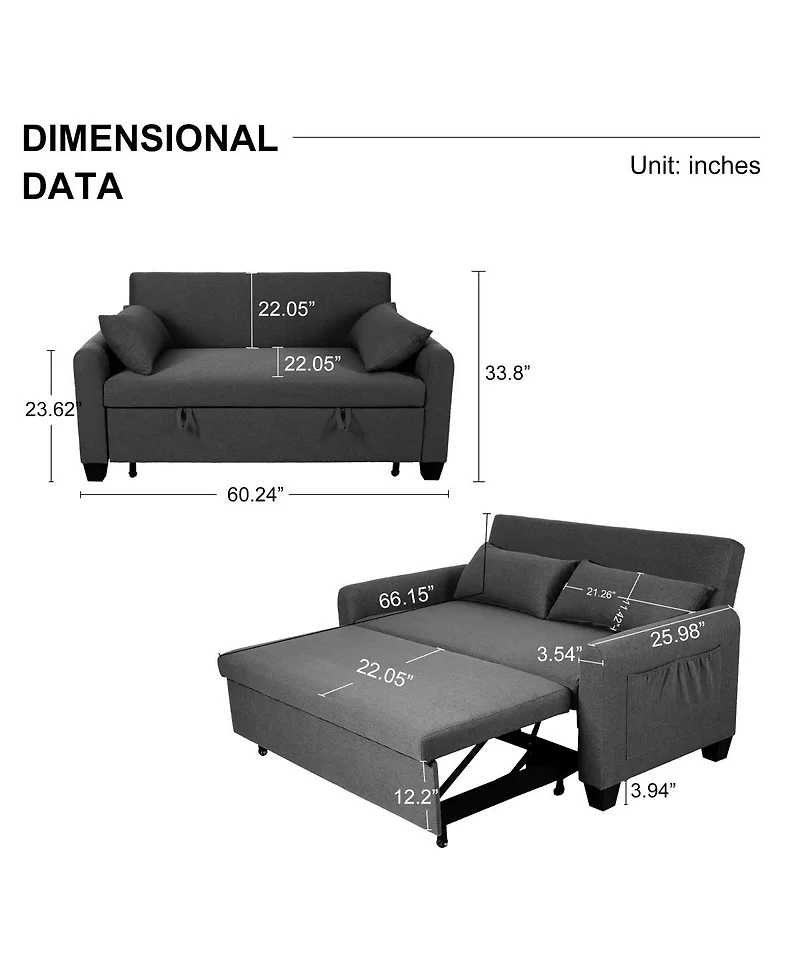 Maison Boucle 61-Inch Pull-Out Linen Sofa Bed with Extra-Wide Convertible Sleeper Loveseat, Storage Pocket & Wheels for Apartments and Guest Rooms