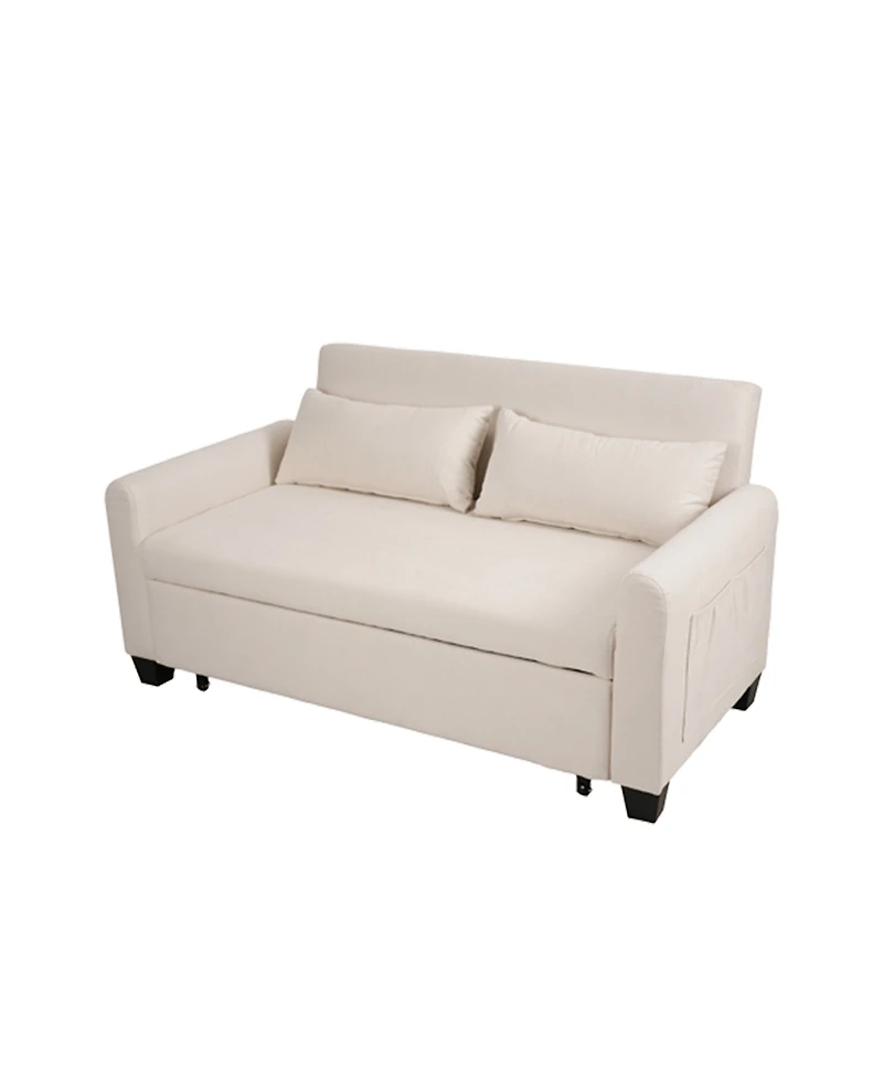 Maison Boucle 61" Pull-Out Linen Sofa Bed, Extra-Wide Convertible Sleeper Loveseat with Storage Pocket & Wheels for Apartments Guest Rooms-Maison Bo