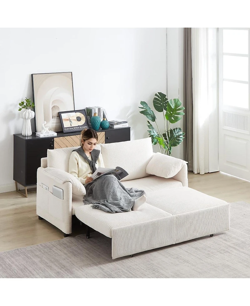 Maison Boucle 64.5 Inch 3-in-1 Corduroy Pull-Out Sleeper Sofa, Adjustable Loveseat Bed with Storage Pockets & 2 Pillows-Maison