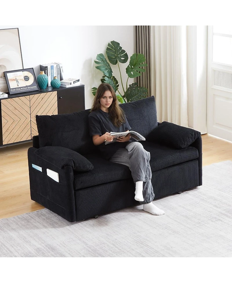 Maison Boucle 64.5 Inch 3-in-1 Corduroy Pull-Out Sleeper Sofa, Adjustable Loveseat Bed with Storage Pockets & 2 Pillows-Maison