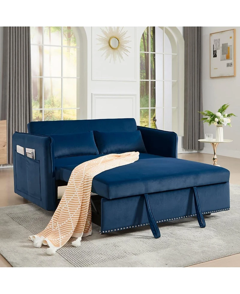 Maison Boucle 55" Velvet Sleeper Sofa Bed, Small Pull-Out Loveseat with Reclining Backrest, Side Pocket & Pillows for Spaces-Maison
