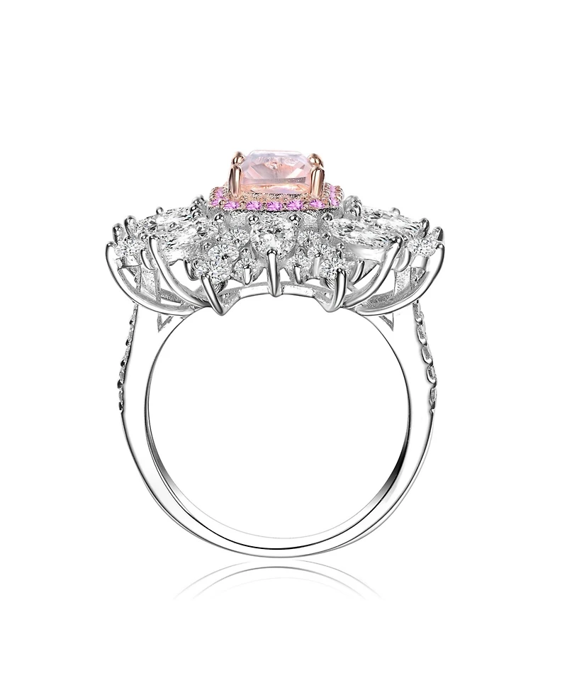 Sterling Silver White Gold Plated Radiant with Clear Cubic Zirconia Halo Ring