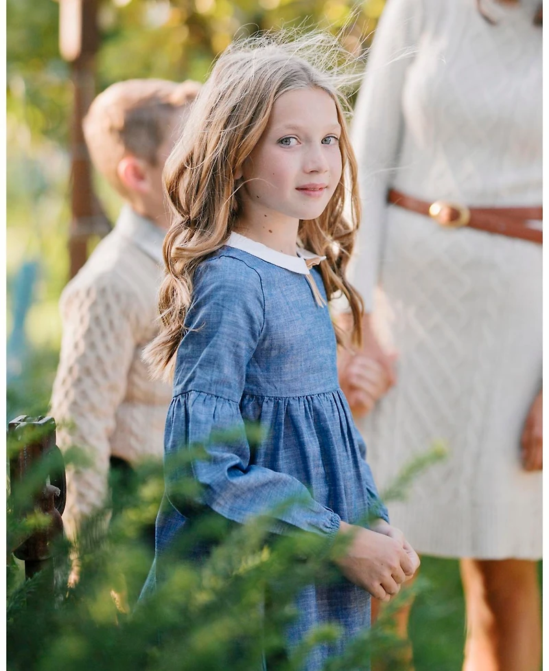 Hope & Henry Little and Big Girls' Organic Empire Waist Peter Pan Collar Chambray Dress