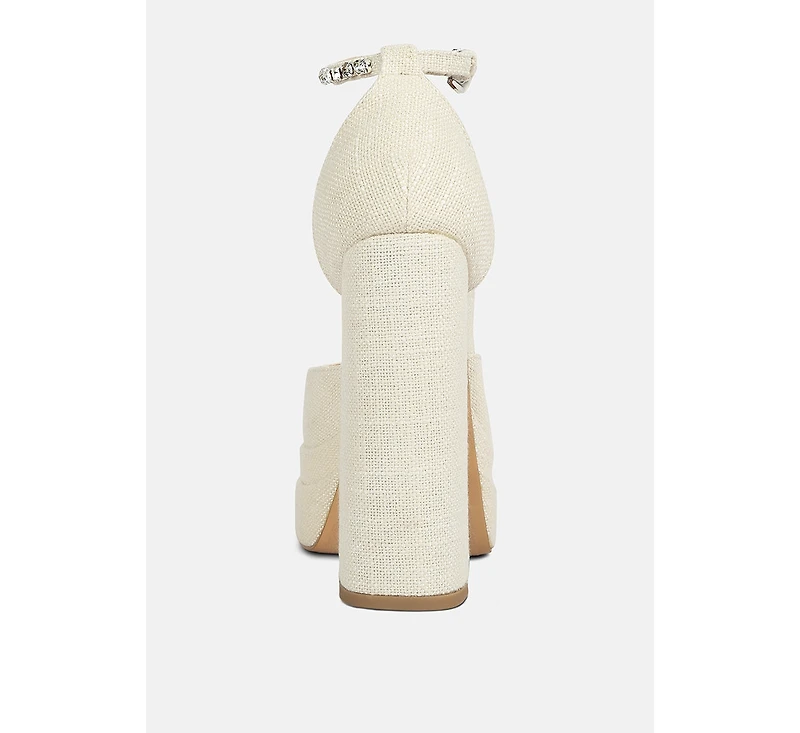 Cosette Diamante Embellished Ankle Strap High Block Heel Sandals in Off White