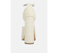 Cosette Diamante Embellished Ankle Strap High Block Heel Sandals in Off White
