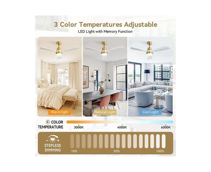 48-inch Modern Golden Downrod Indoor Walnut Wood 3-Blade Led Ceiling Fan Light with Remote Control Support Six Speed Ajustable