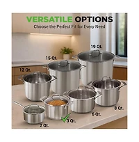 NutriChef 3 Quart Polished Stainless Steel Soup Pot with Glass Lid NCSP3