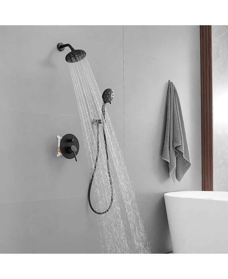 Single-Handle 1-Spray Round Rain Shower Faucet with Dual Function Pressure Balance Valve in Matte Black (Valve Included)