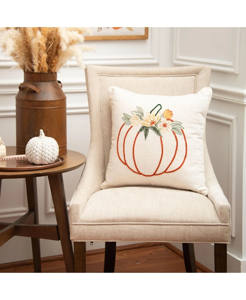 Autumn Botanical Pumpkin Throw Pillow, 18" x 18"