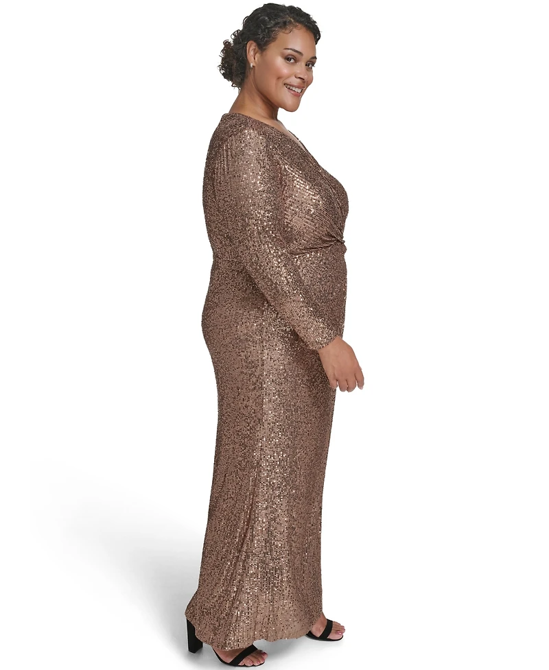 Jessica Howard Plus Sequin Twist-Front Long Sleeve Gown