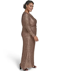 Jessica Howard Plus Sequin Twist-Front Long Sleeve Gown