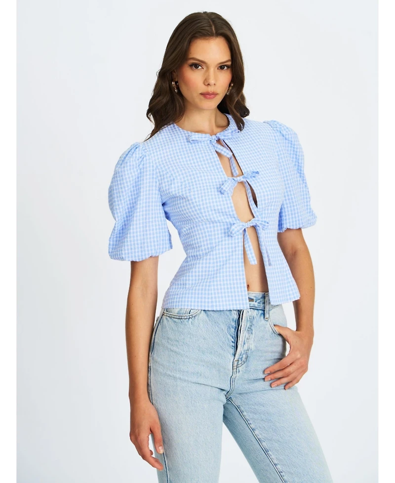 Miss Circle Women's Qusayla Baby Blue Gingham Bubble Sleeve Bowtie Top
