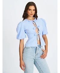 Miss Circle Women's Qusayla Baby Blue Gingham Bubble Sleeve Bowtie Top