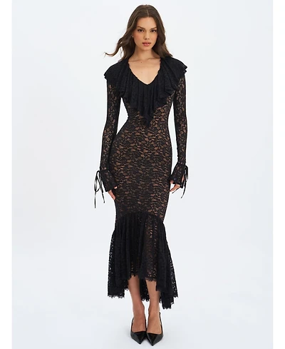 Miss Circle Women's Parisa Black Lace Ruffled Mermaid Maxi Dress