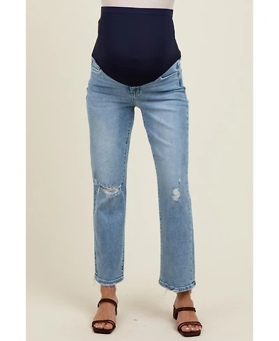 Pinkblush Maternity Light Blue Distressed Open Knee Ankle Straight Leg Jeans