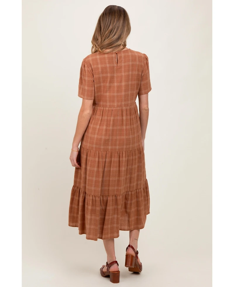 Pinkblush Maternity Rust Plaid Tiered Short Sleeve Dress