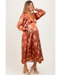 Pinkblush Maternity Rust Satin Floral Bubble Sleeve Midi Dress