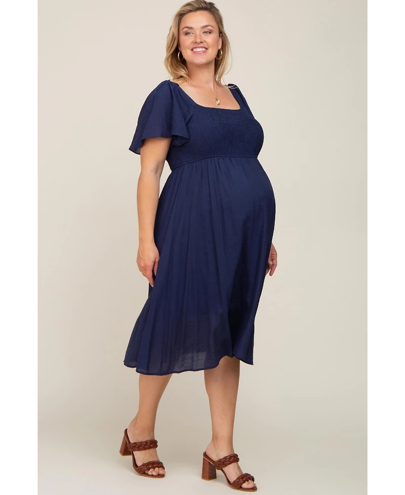 Pinkblush Plus Navy Blue Smocked Square Neck Flutter Short Sleeve Midi Dress