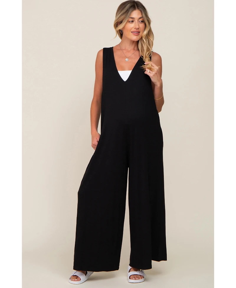 Pinkblush Maternity Black Deep V Sleeveless Wide Leg Jumpsuit