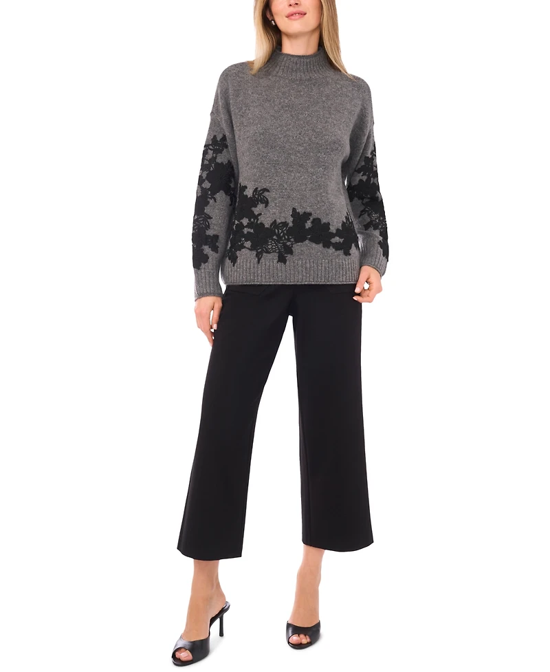 Vince Camuto Women's Floral Embellished Mock Neck Sweater