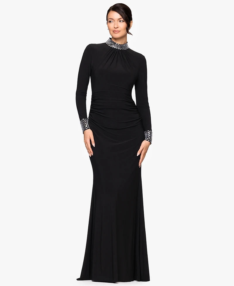 Betsy & Adam Women's Long Sleeve Mock Neck Gown
