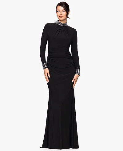 Betsy & Adam Women's Long Sleeve Mock Neck Gown