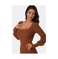 Bebe Women's Square Neck Long Sleeve Cable Sweater Dress