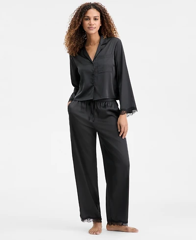 I.n.c. International Concepts Women's Long Sleeve Lace Trim Boxy Satin Notch Set, Created for Macy's