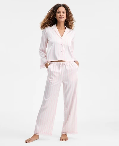 I.n.c. International Concepts Women's Long-Sleeve Lace Trim Boxy Satin Notch Set, Created for Macy's