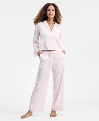I.n.c. International Concepts Women's Long-Sleeve Lace Trim Boxy Satin Notch Set, Created for Macy's