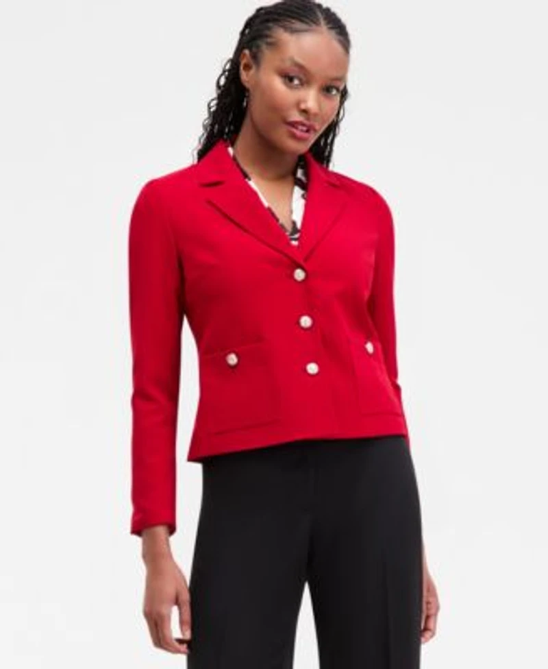 Kasper Womens Stretch Crepe Three Button Jacket Floral Print Pleated Shoulder Blouse Stretch Crepe Wide Leg Pants